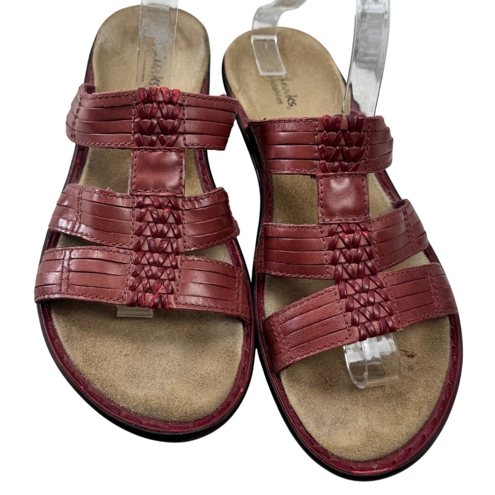 Clarks Slide Sandals Womens 8.5M Burgundy Leather Woven Bendables Comfort Casual - Picture 3 of 15